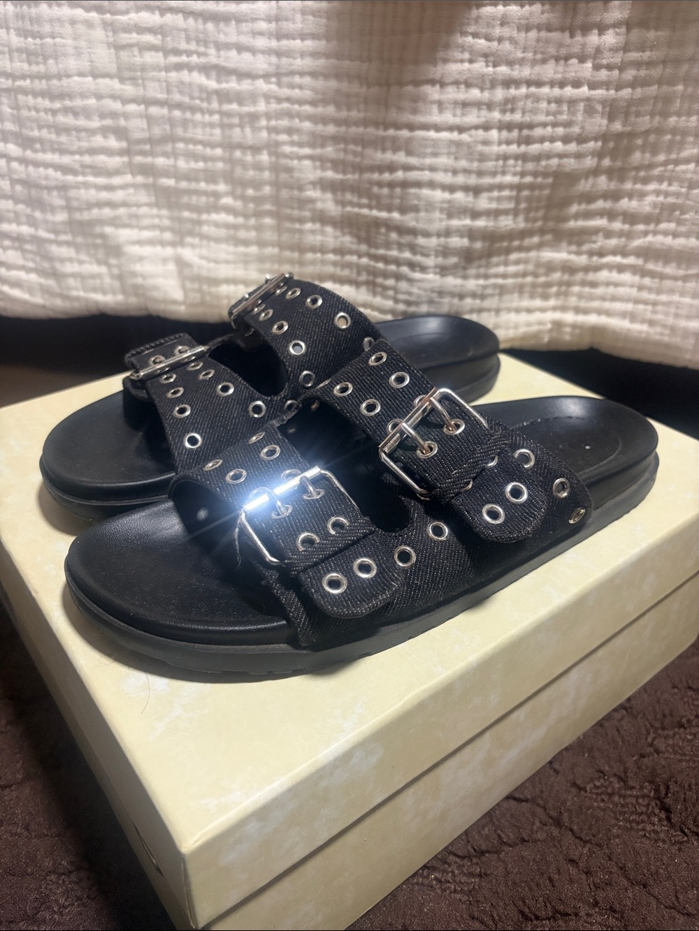 Forever 21 Black Double Buckle Eyelet Slide Sandals